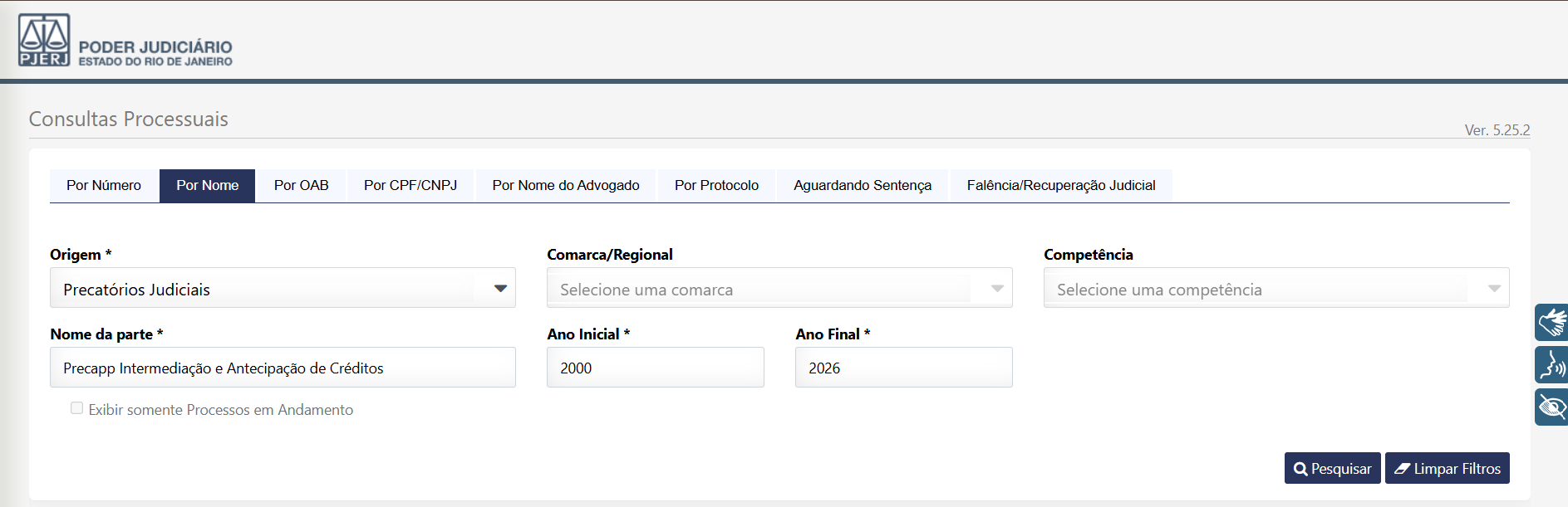 Consulta de precatório no TJRJ pelo nome do beneficiário, com a origem Precatórios Judiciais selecionada