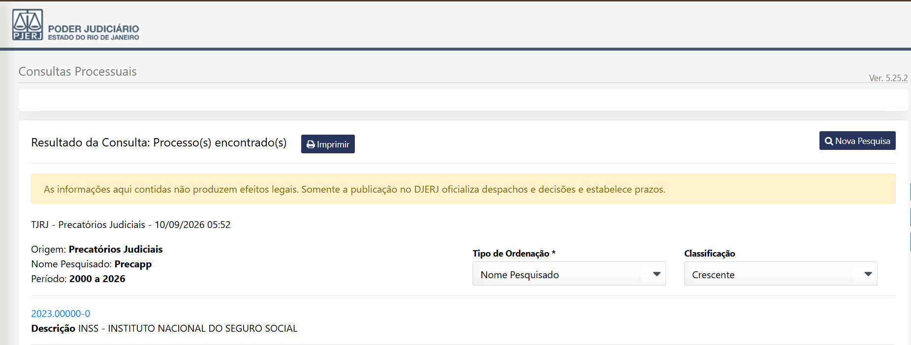 Resultado da consulta pública do TJRJ mostrando a existência e o número de um precatório