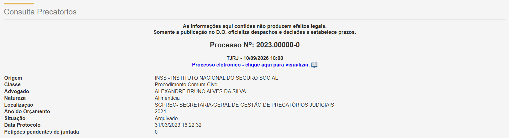 Ficha pública de um precatório no TJRJ com natureza, ano do orçamento e ordem cronológica